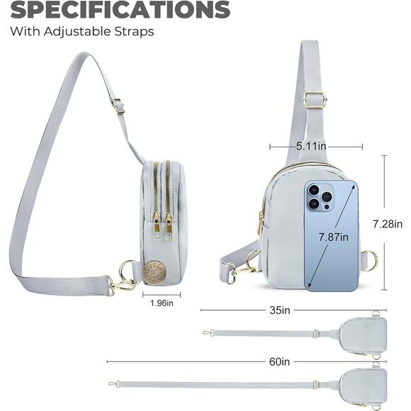 2 For $12  Light Grey Sling Bag  Adjustable Strap Fashion Sling Pack - Picture 2 of 6